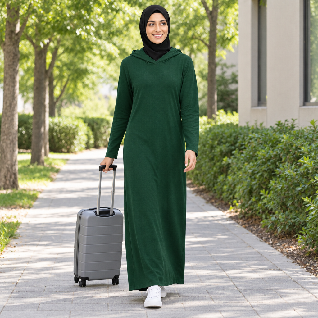Model pulling a small suitcase along a tree-lined walkway in a dark green hooded full-length dress