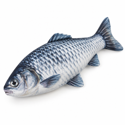 3D realistic plush simulation fish catnip kicker toy with scale print and fins on pure white background