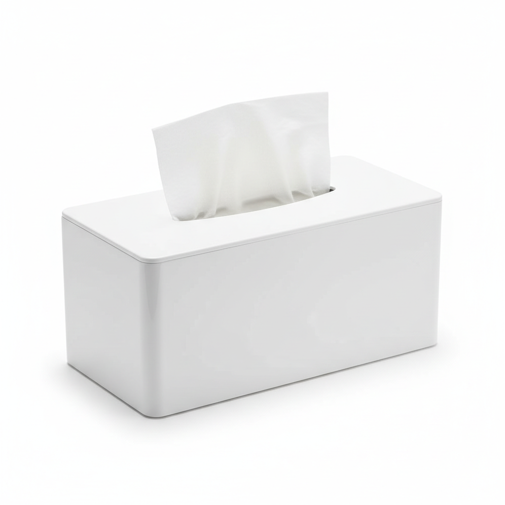 Glossy white acrylic hotel bathroom tissue box cover with tissue pulled through top slot on white background, modern minimalist guest bathroom vanity accessory