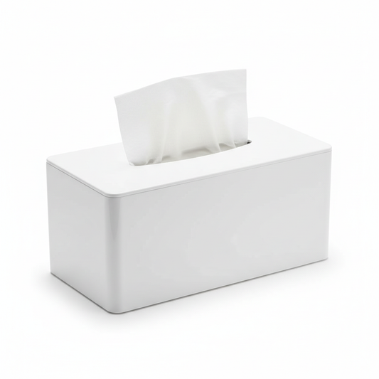 Glossy white acrylic hotel bathroom tissue box cover with tissue pulled through top slot on white background, modern minimalist guest bathroom vanity accessory