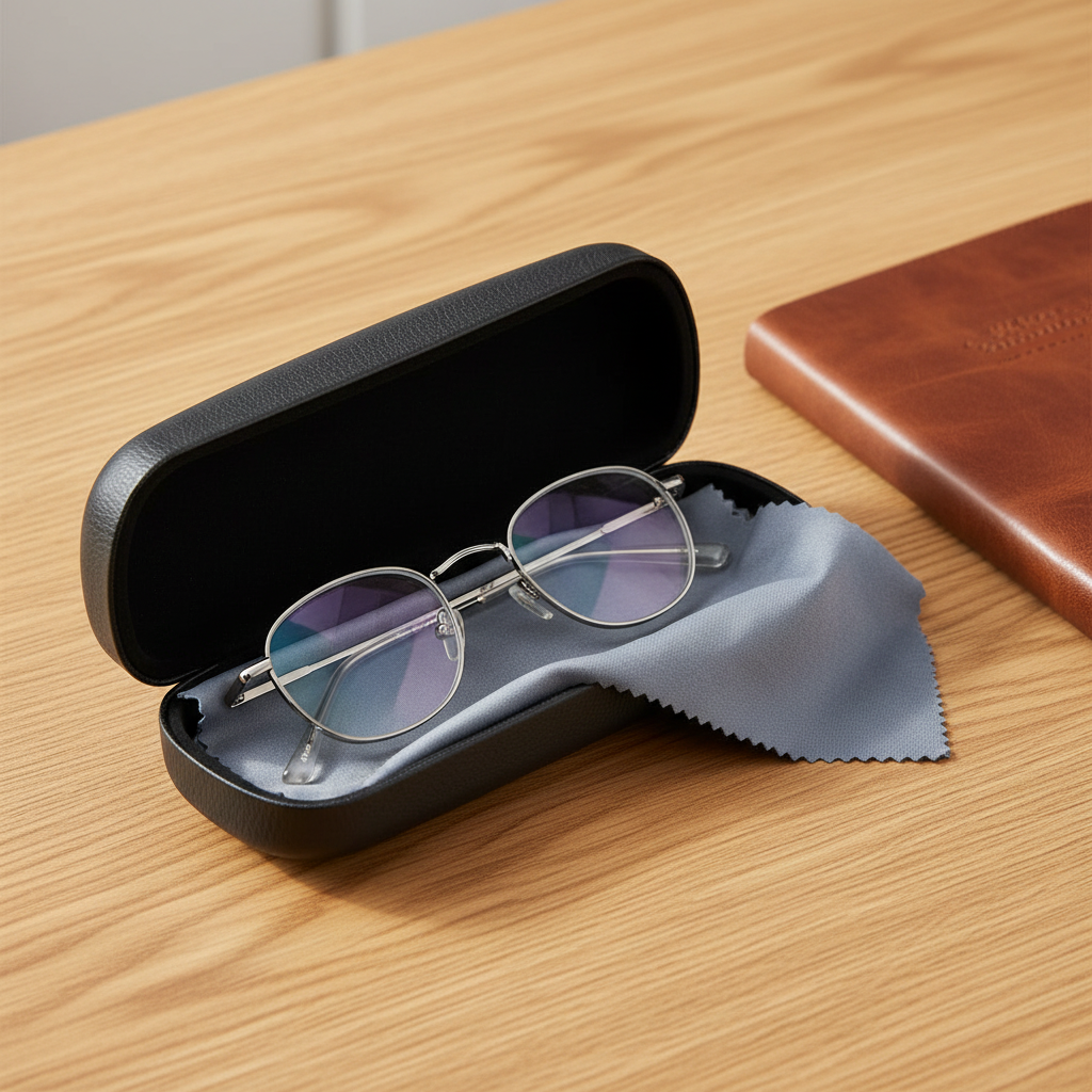 Eyeglass case with attached cloth and glasses on oak study desk beside notebook