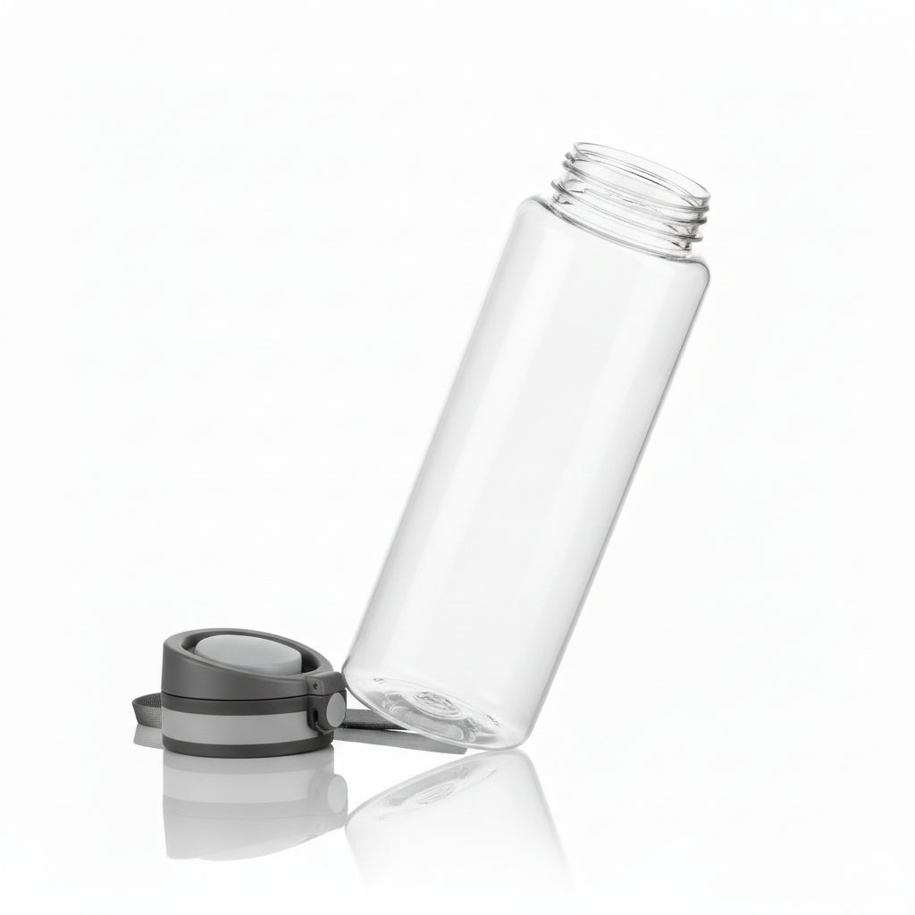 Open clear Tritan bottle with flip-top lid resting beside it on pure white background