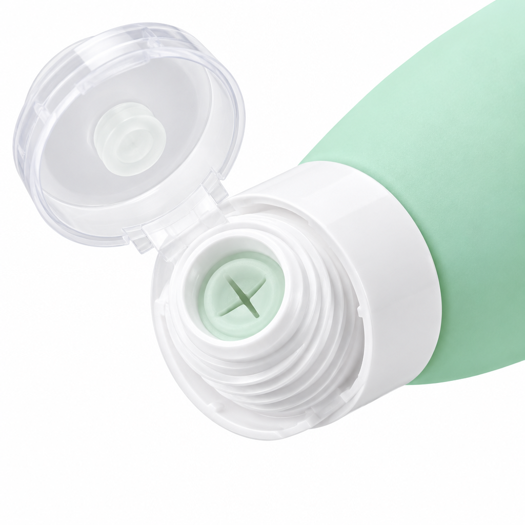Close-up of the travel silicone bottle wide-mouth cap, flip lid, and leak-proof cross-slit dispensing valve