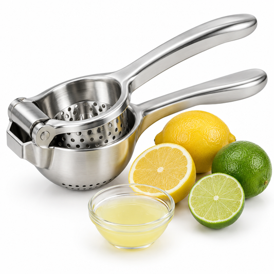 Manual stainless steel citrus squeezer with fresh lemon lime halves and extracted juice on pure white background