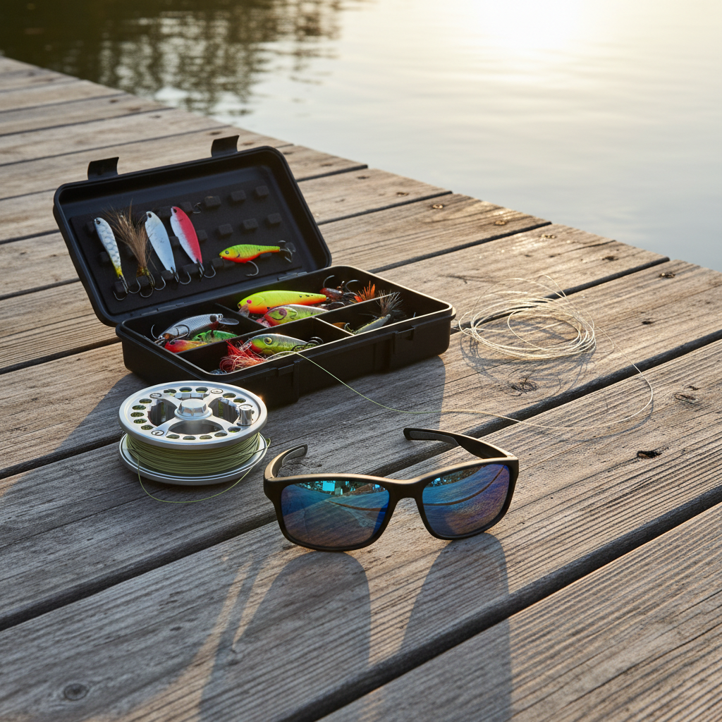 Polarized fishing glasses beside fly reel and tackle box on wooden dock