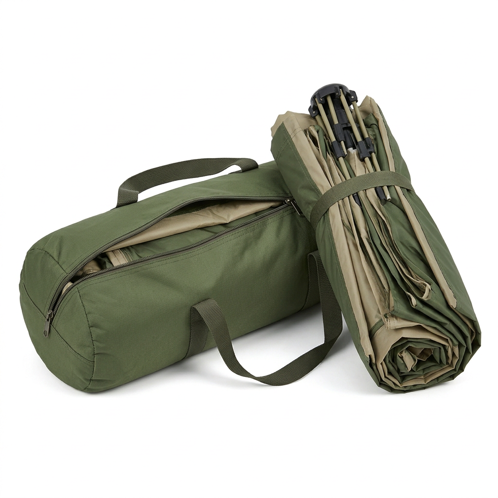 Pop-up camping tent in folded state with matching zippered Oxford carry bag and webbing handles on white background
