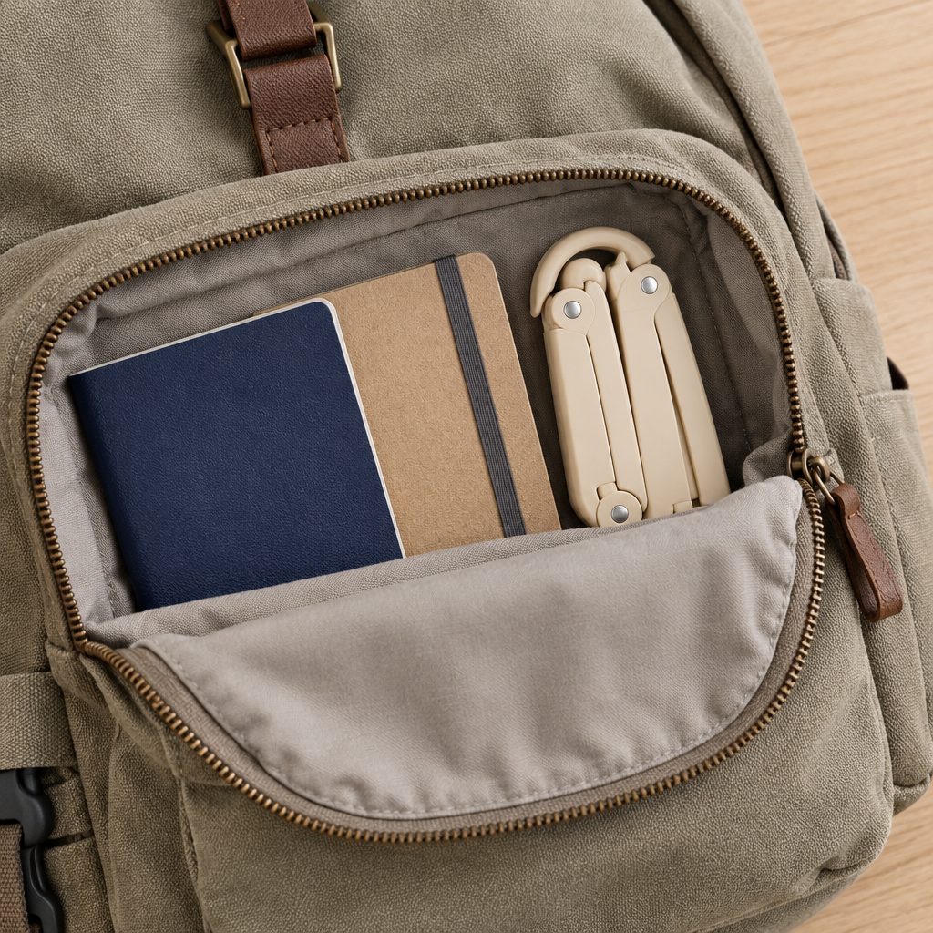 Folded compact travel hanger stored neatly inside a travel backpack pocket beside passport and notebook