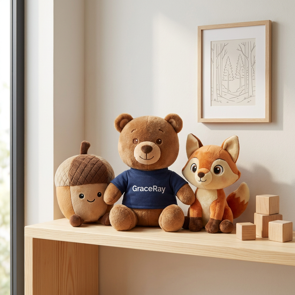 Custom branded plush mascots displayed on a wooden shelf in a creative design studio