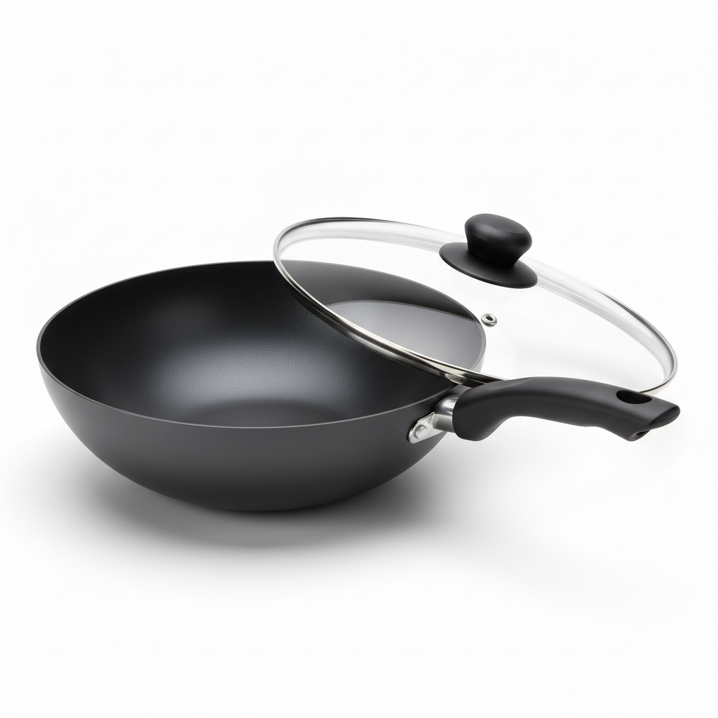 Close-up detail of deep curved wok interior with non-stick coating and transparent glass lid propped on rim on white.