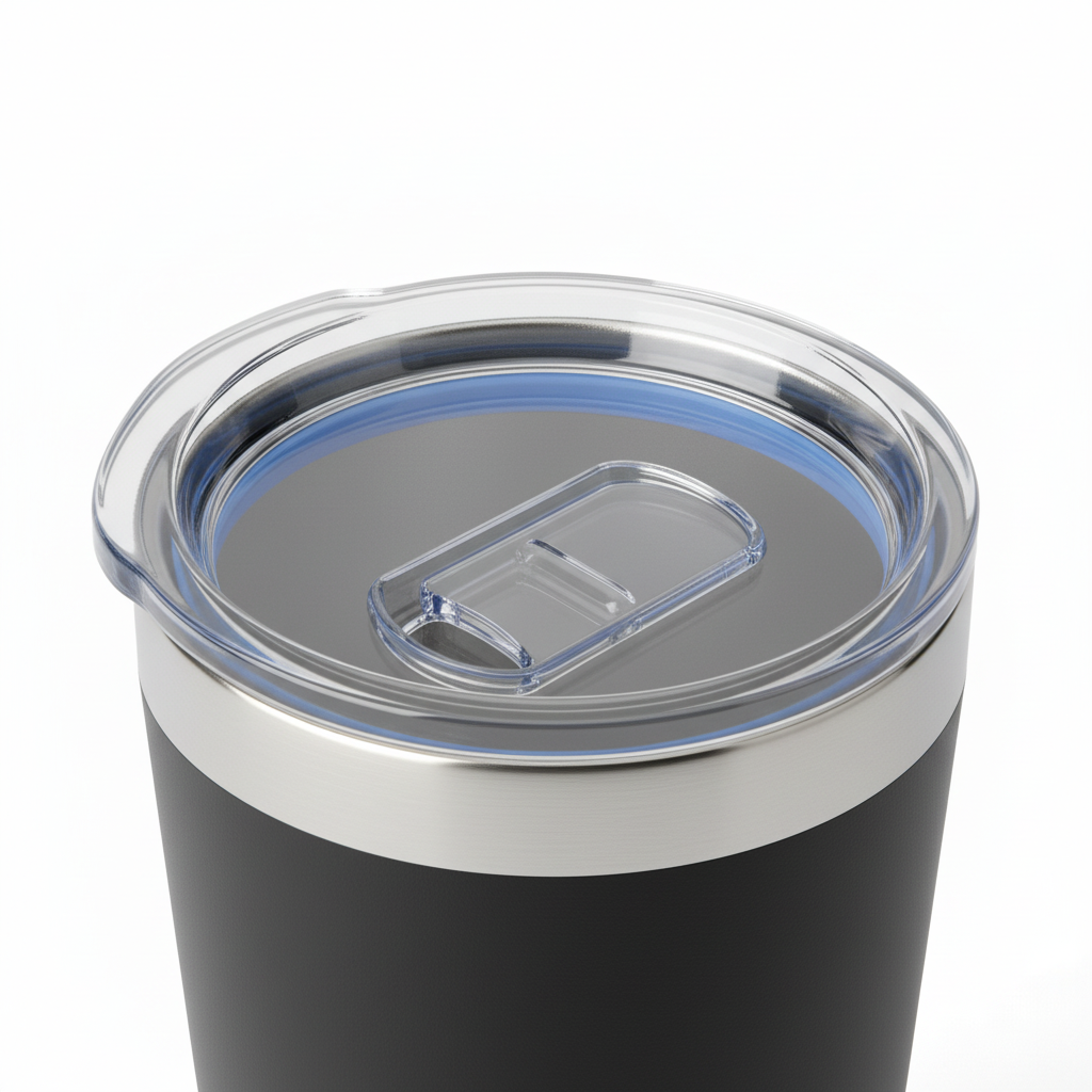 Close-up of clear acrylic slider lid, silicone seal, and stainless steel rim on pure white background