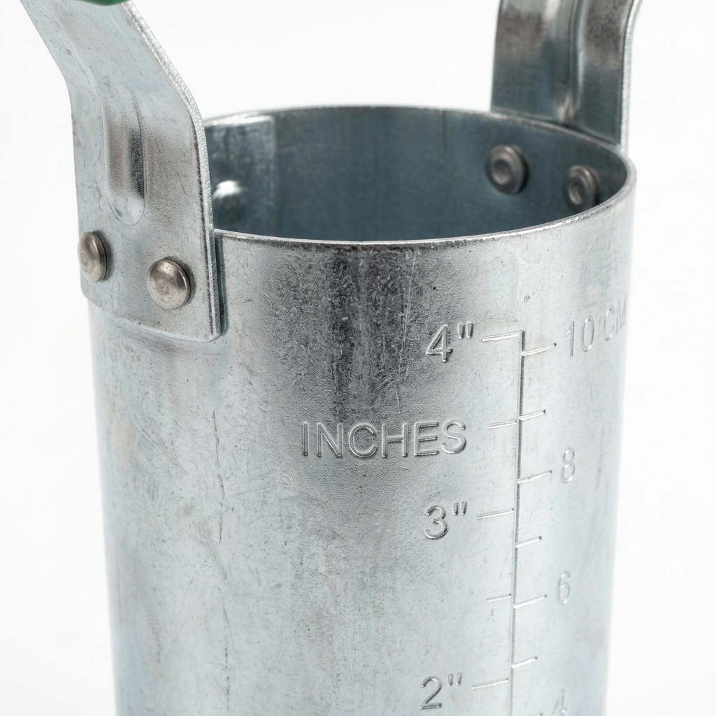 Macro close-up detail of manual bulb planter galvanized steel barrel with debossed INCHES and CM depth scale markings and heavy rivet fasteners