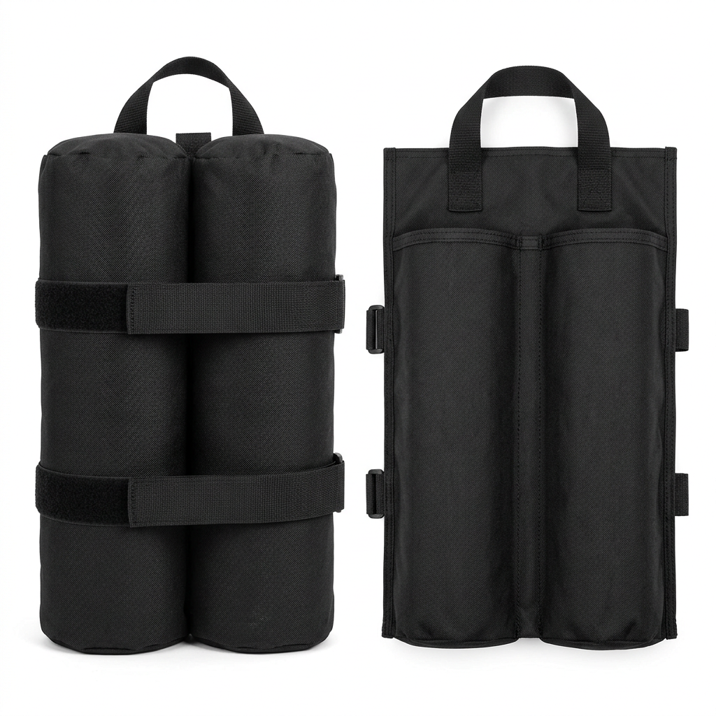 Heavy-duty black 600D Oxford dual-cylinder canopy weight bags on a pure white background showing one filled upright and one empty laid flat