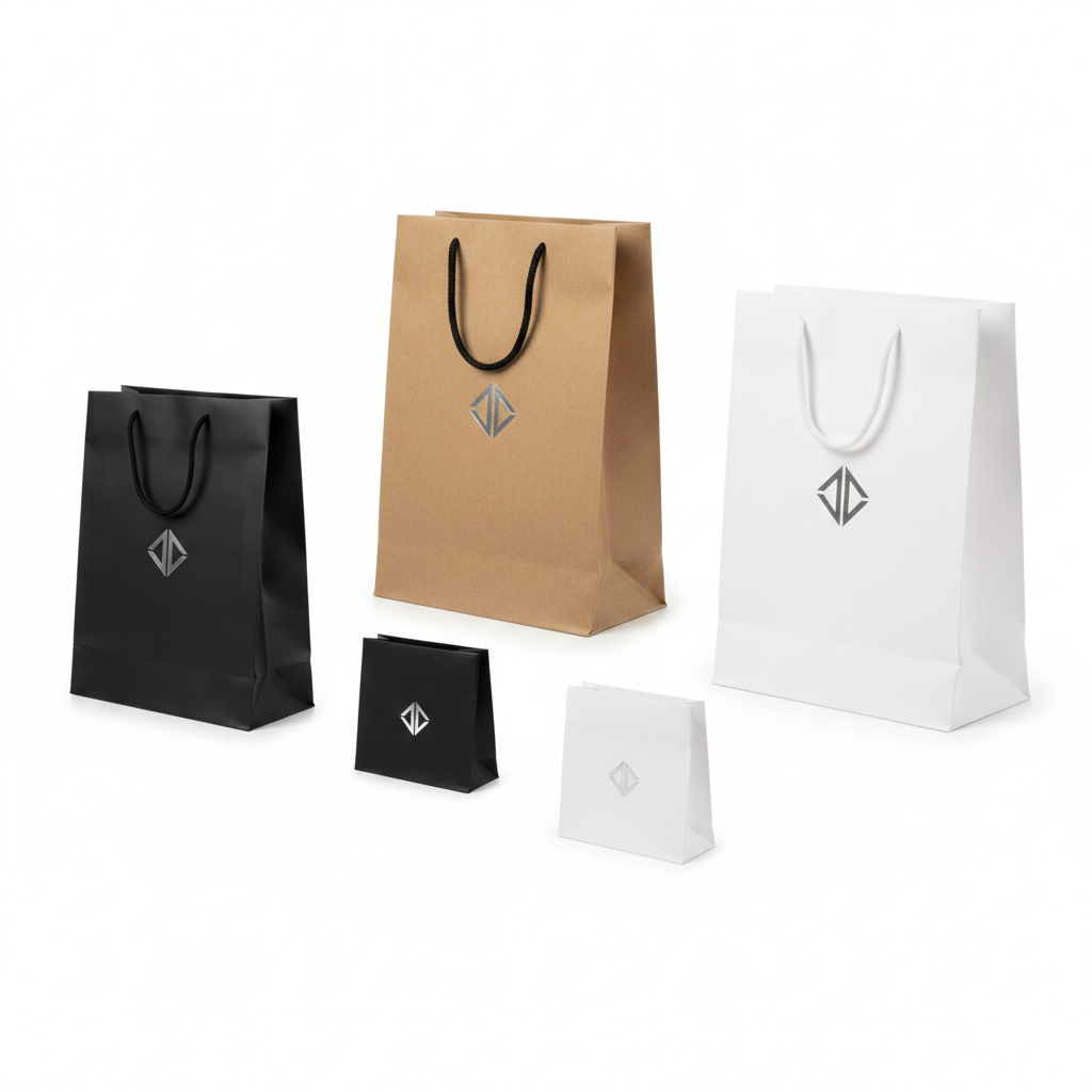 Assorted paper material options of eyewear retail shopping bags on white background
