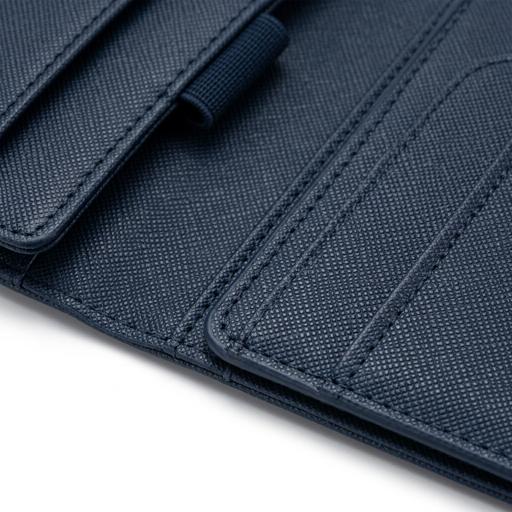 Detail close-up of travel document wallet showing saffiano leather grain and perimeter stitching on white background