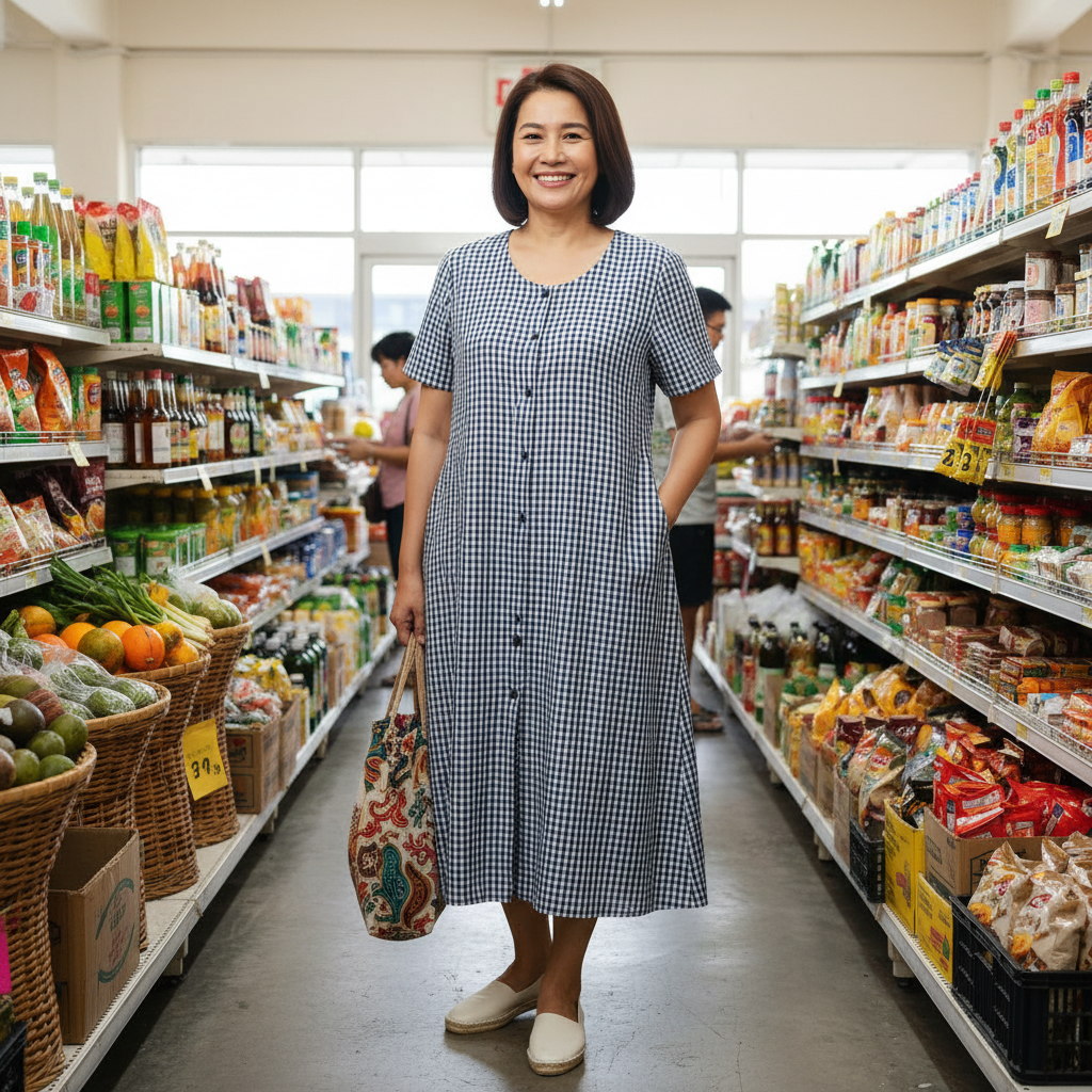 Lifestyle view of short sleeve button front midi dress with pockets at a local market